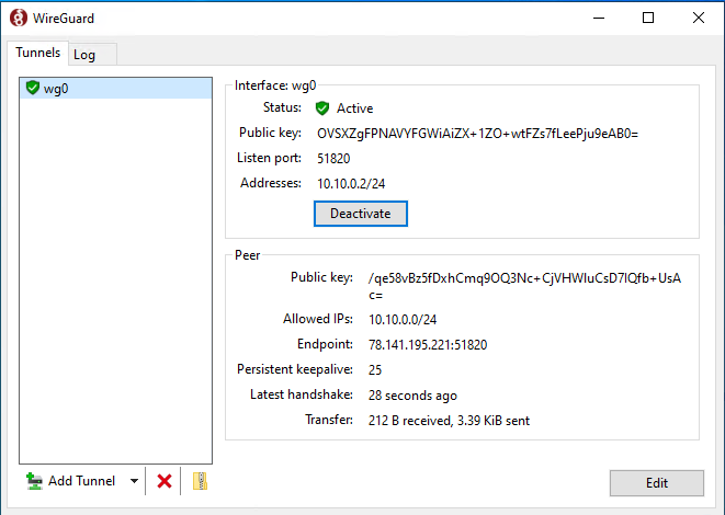 WireGuard on Oracle machine showing active tunnel with address 10.10.0.2 and DC01 listed as peer